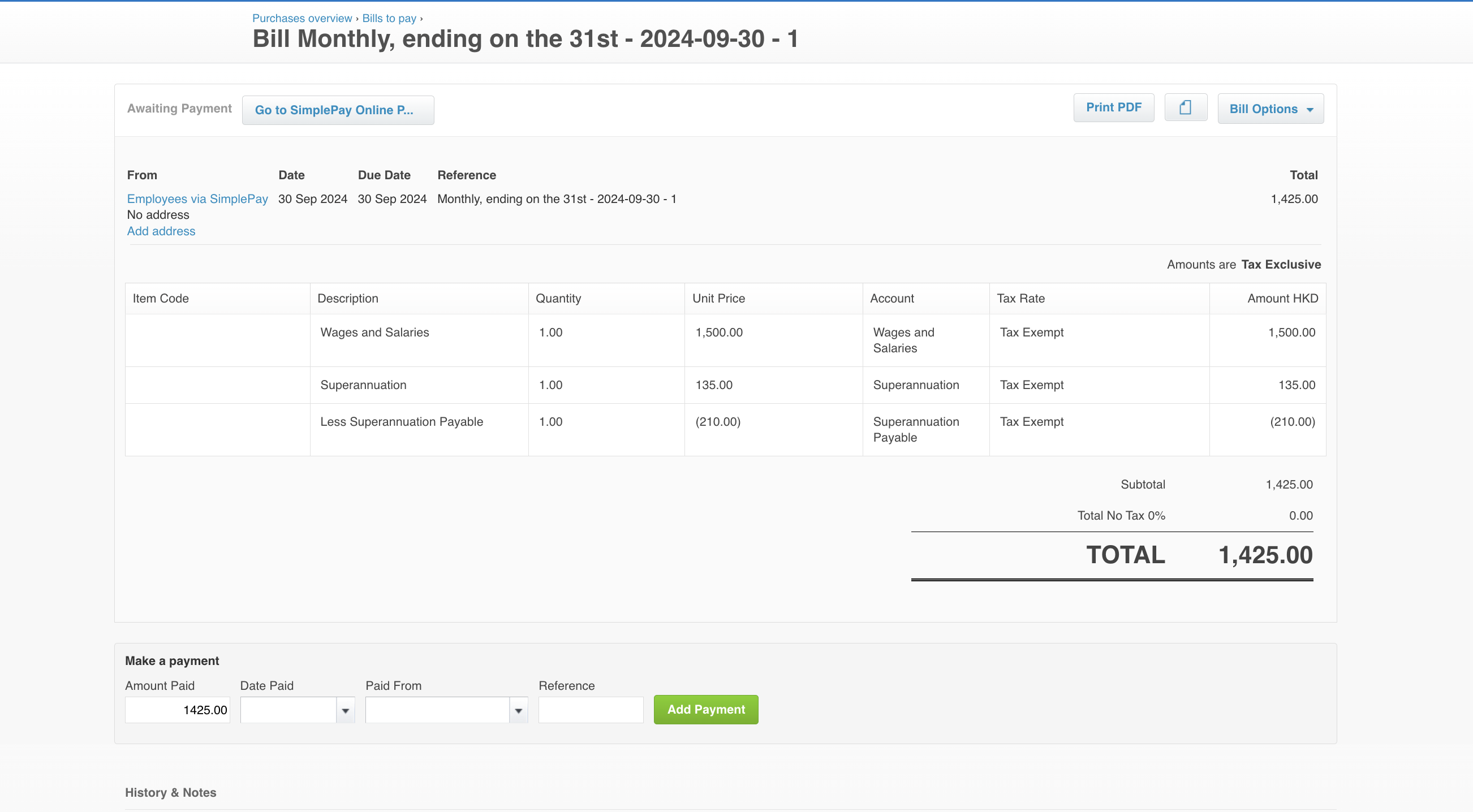 Xero supplier bill example showing payroll cost breakdown